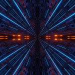 Futuristic symmetry and reflection abstract background with orange and blue neon lights