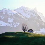 Beautiful shot of a grassy field with a house near a tree and a snowy mountain in the background