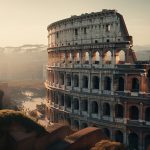 Sunset illuminates ancient ruins in Italian cityscape generated by AI